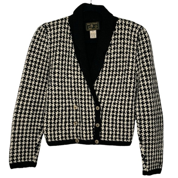 South Wool 100% Virgin Wool Houndstooth Pattern Puff Shoulder Knit Cardigan Sz S - Picture 1 of 9